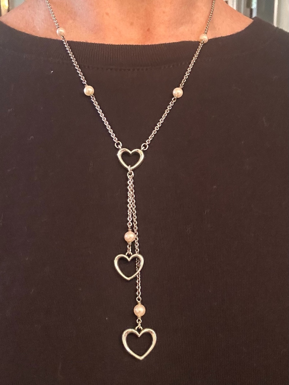James Avery RETIRED Silver Heart Lariat Necklace with Pearled Accents